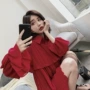 ◆ Yang Momo ◆ đầm voan Hàn Quốc phiên bản của eo cao một từ váy trumpet tay áo đỏ polo cổ áo ngắn bánh váy váy chữ a liền công sở