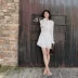 ◆ Yang Momo ◆ đầm ren Hàn Quốc phiên bản của thắt lưng là mỏng một từ váy ngắn tay áo trumpet trắng ren công chúa váy A-Line Váy