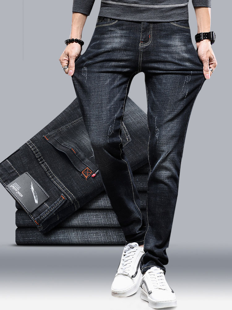 Jeans men's slim feet autumn and winter Korean fashion brand plush 2020 new long pants