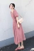 Đầm ôm eo cao nữ màu hồng ren eo ngắn tay áo v-cổ dài 2019 mới nữ hè - Sản phẩm HOT