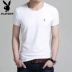 Playboy vòng cổ ngắn tay T-Shirt nam mùa hè màu rắn nam màu trắng của người đàn ông từ bi phương thức bông áo sơ mi nam