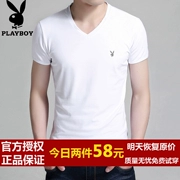Playboy vòng cổ ngắn tay T-Shirt nam mùa hè màu rắn nam màu trắng của người đàn ông từ bi phương thức bông áo sơ mi nam