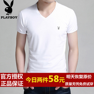 Playboy vòng cổ ngắn tay T-Shirt nam mùa hè màu rắn nam màu trắng của người đàn ông từ bi phương thức bông áo sơ mi nam áo phông nam đẹp