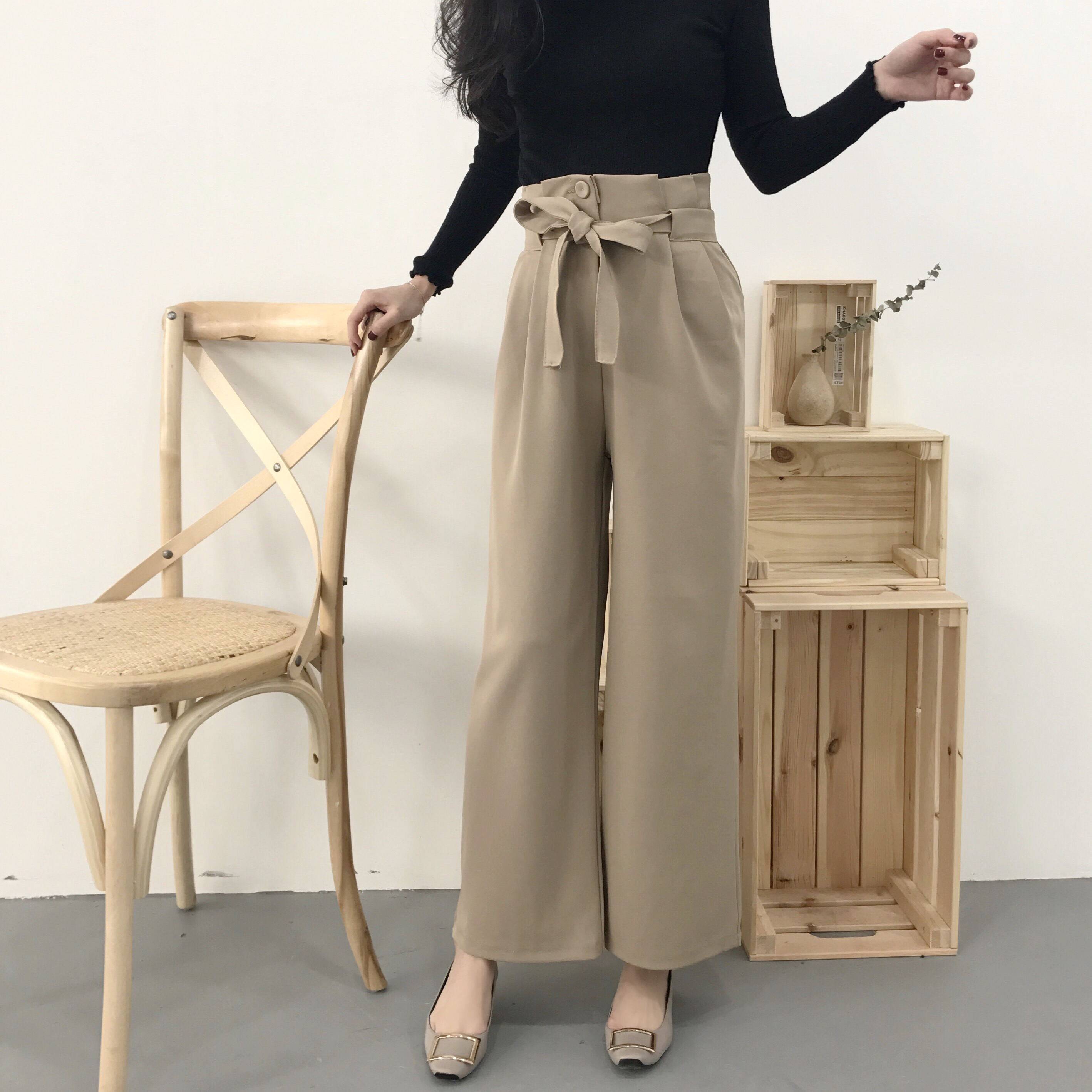 337实拍春季花苞裤女高腰系带垂感阔腿裤九分裤韩版宽松加厚百搭