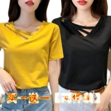 Комплект, хлопковая цветная летняя футболка с коротким рукавом, универсальный лонгслив, жакет, V-образный вырез, в корейском стиле