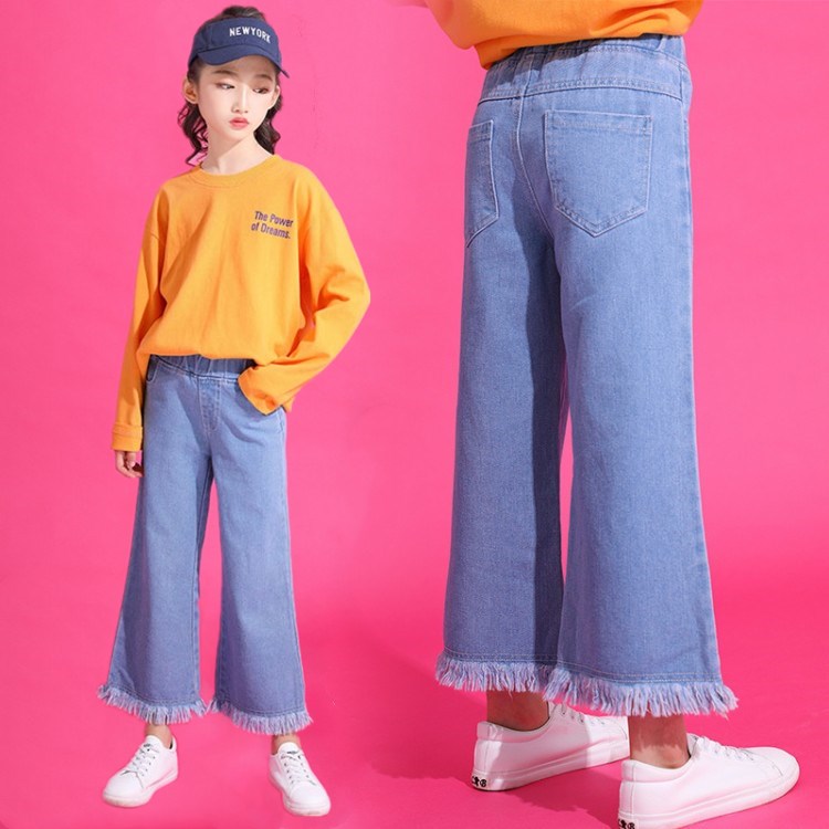 Quần jean bé gái 2020 quần áo mùa xuân mới trẻ em lớn Hàn Quốc giản dị quần ống rộng trẻ em quần dài - Quần