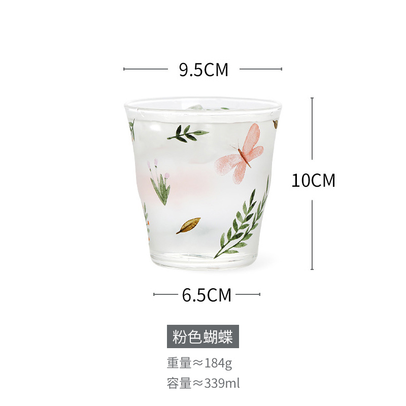 Hand Textured Glass (Pink Butterfly)Painting market Home Furnishing Heat resistant glass Water cup household Daisy teacup Milk tea cup Cold drink cup like a breath of fresh air glass