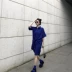 Mùa hè Hàn Quốc chic loose ve áo đơn ngực áo dài gấp thắt nút màu rắn ngắn tay đầm nữ