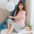 Mùa hè đồ ngủ mùa hè của phụ nữ cotton ngắn tay cắt quần đồ ngủ Hàn Quốc phiên bản của lỏng bên ngoài mặc dịch vụ nhà hai mảnh bộ ba lỗ đẹp mùa hè Bên ngoài ăn mặc