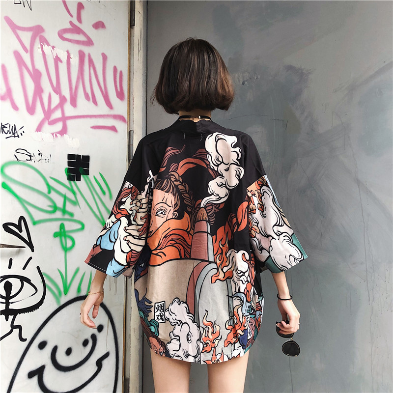Camel Robesolar system kimono Cardigan three quarter sleeve Thin Sunscreen men and women student Short sleeve shirt Feather weaving shirt easy Taoist Robe