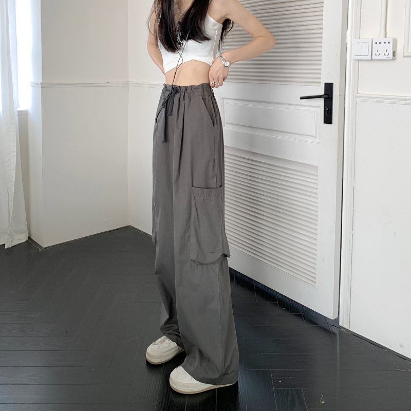 Autumn grey wide-leg casual pants for petite women, high-waisted and slimming skinny workwear pants, summer straight-leg pants details Picture