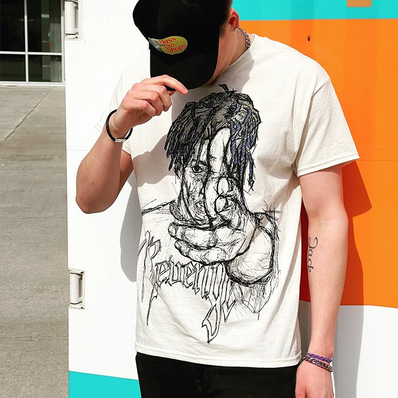 Revenge x Juice Sketch Tee Футболка с печатью персонажей, свободный стиль, пара в неформальной одежде