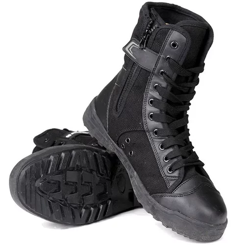 Черные высокие тканевые тактические сапоги, высокая талия