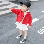 Áo khoác bé gái denim bé gái áo khoác denim ngắn màu đỏ 2018 mùa thu trẻ em mặc áo khoác trẻ em phiên bản hàn quốc - Áo khoác