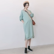 Phụ nữ mang thai áo len mùa thu 2018 mới cộng với nhung dài đầm ống rộng mùa thu và mùa đông mẫu thời trang bà bầu
