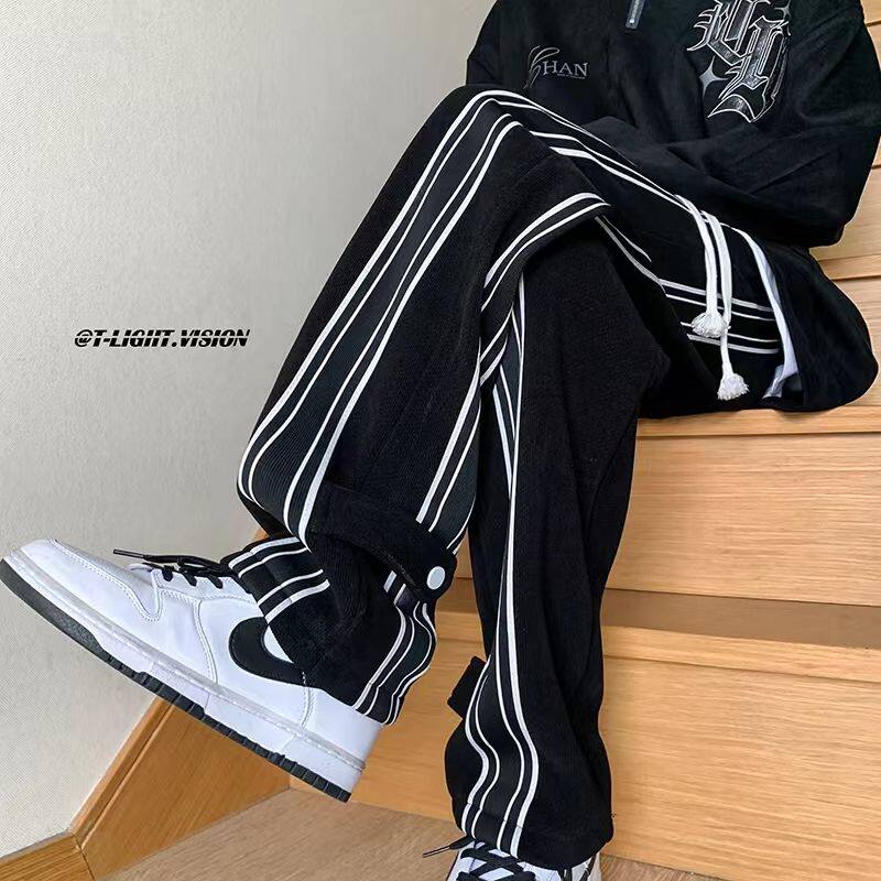 Summer high street drape pants for men, American black and white striped straight-leg pants, niche design casual sportswear pants Specification image