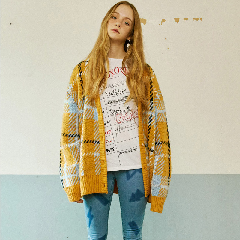 2017 mùa thu và mùa đông new EYEYE vàng tím dày dòng áo len kẻ sọc đan cardigan sinh viên vài mô hình áo