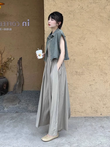 Летний комплект, джинсовый жилет, платье, городской стиль