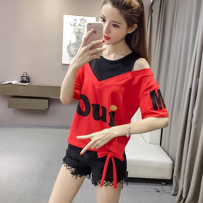 2017夏季新款露肩拼接假两件韩版V领短袖T恤学生女潮心机上衣个性
