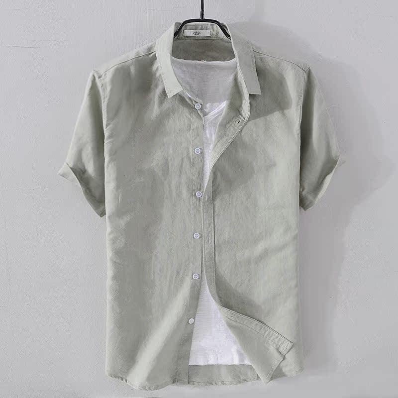 L74-301 Light Army Greenshortsleevedt-shirtmenblousecottonlinensummer