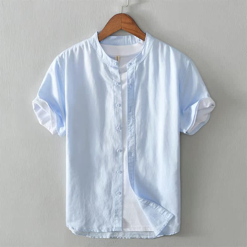 M42-740 Light Blueshortsleevedt-shirtmenblousecottonlinensummer