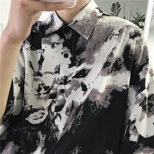 Melody windmill self made personalized shirt men's summer loose five sleeve flower inch shirt Korean casual Lapel top trend