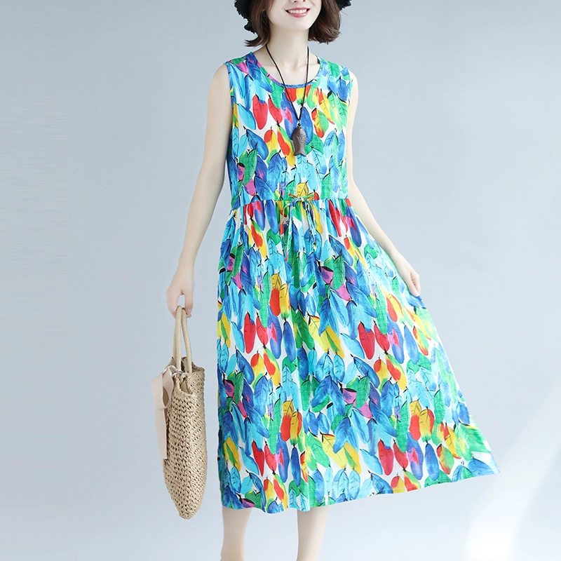 Mùa hè phong cách mới cộng với kích thước váy dài giữa mỏng của phụ nữ Phiên bản Hàn Quốc của chiếc váy cotton và vải lanh thắt eo in eo thon cổ tròn không tay - Váy dài