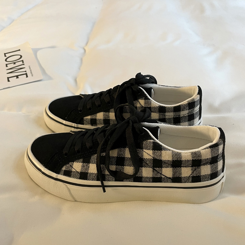 Square Fish Deer Harajuku Style Brown Plaid Canvas Shoes Women's 2023 New Arrival Retro Student Low Top Skate Shoes Instagram Style Trendy