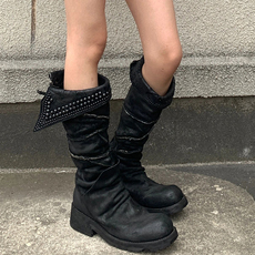 Западные Boots 欧美风圆头粗跟西部牛仔靴女2024年秋冬新款黑色磨砂骑士靴长筒靴
