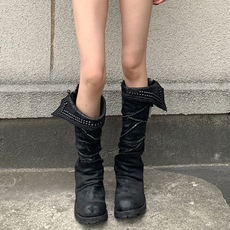 Западные Boots 欧美风圆头粗跟西部牛仔靴女2024年秋冬新款黑色磨砂骑士靴长筒靴