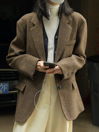 小格子柄全羊毛ツイードスーツ冬の韓国版新型レトロ通勤ゆったりシルエット品質コート女