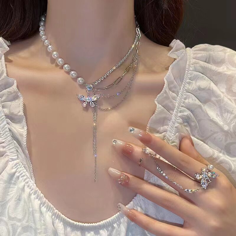 Collier princesse brillant ~ perles papillon, anneau de luxe léger pour femmes, petit groupe, Design avancé, chaîne de cou, nouvelle collection 2023_voghion.com