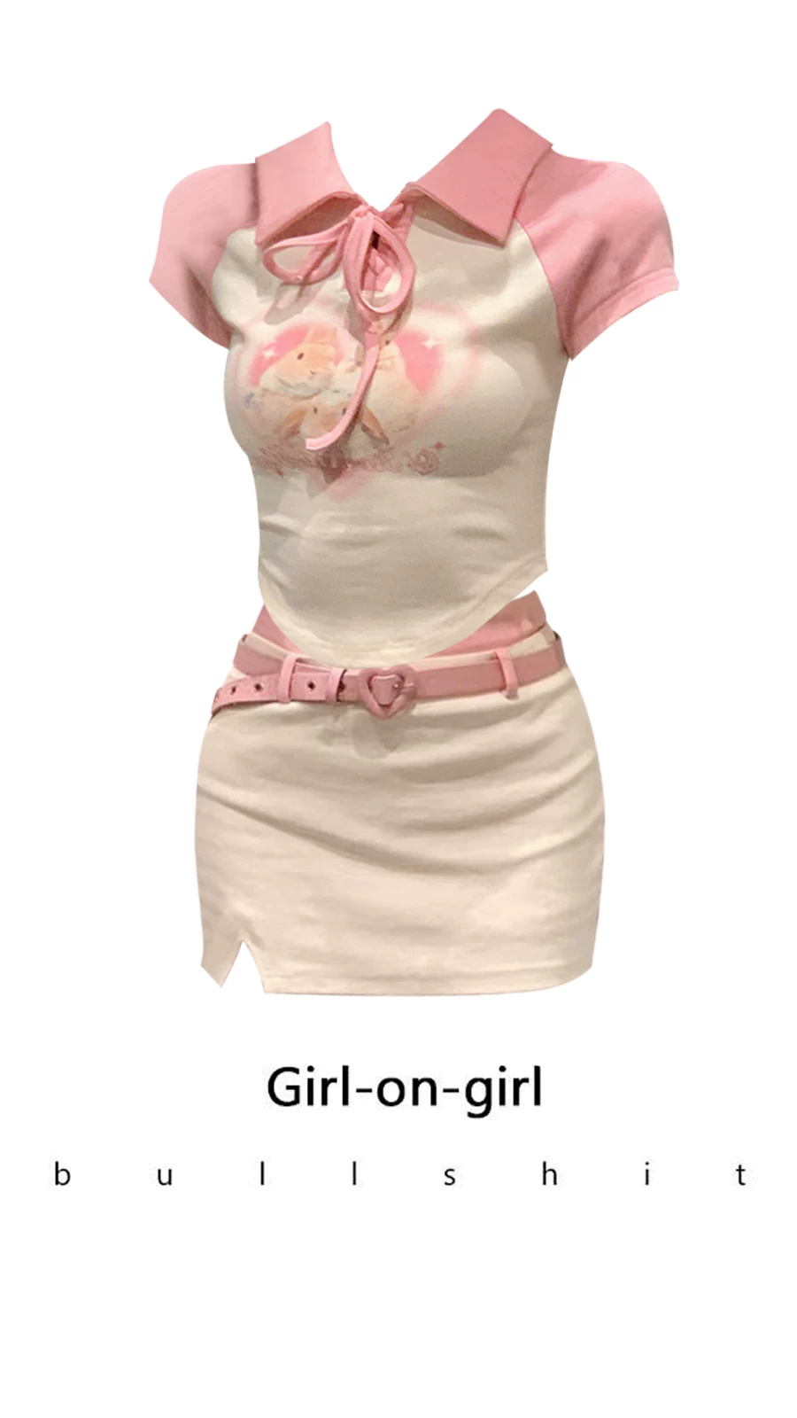 Cartoon short sleeve T-shirt, belt bag, skirt, set, (Physicals), high waist