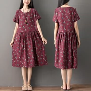Bông và vải lanh ăn mặc nữ ngắn tay 2018 mùa hè mới Hàn Quốc phiên bản của lỏng kích thước lớn văn học retro floral linen váy dài