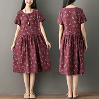 Bông và vải lanh ăn mặc nữ ngắn tay 2018 mùa hè mới Hàn Quốc phiên bản của lỏng kích thước lớn văn học retro floral linen váy dài váy xếp tầng dài