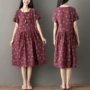 Bông và vải lanh ăn mặc nữ ngắn tay 2018 mùa hè mới Hàn Quốc phiên bản của lỏng kích thước lớn văn học retro floral linen váy dài váy xếp tầng dài