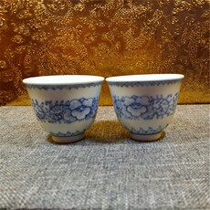 Чайная чашка 景德镇文革厂货瓷器 青花手绘佛莲花 缠枝莲花生杯 普洱茶杯