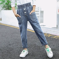 Quần jeans bé gái 2019 mới xuân hè thu đông trẻ em phiên bản Hàn Quốc quần bé gái Quần bé gái nước ngoài eo cao giản dị - Quần quần nhung bé trai