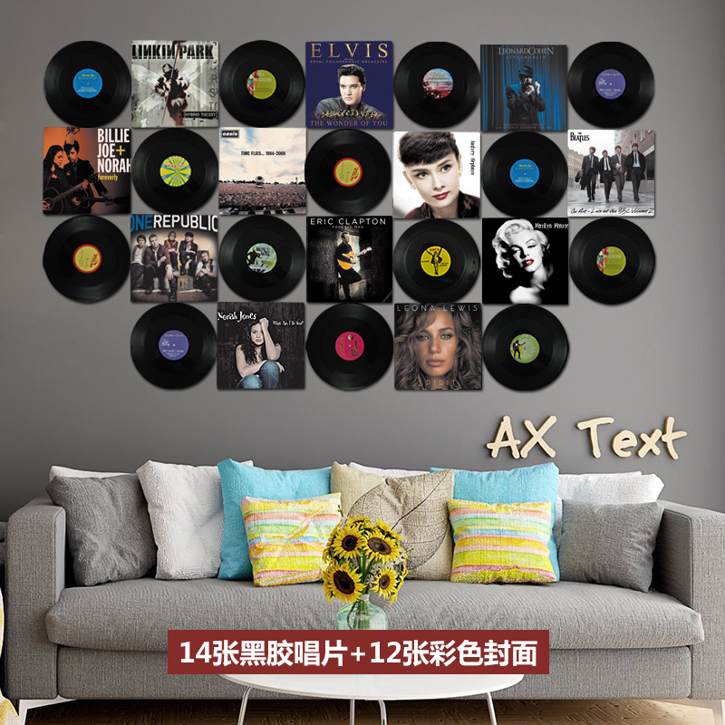 14 Records + 12 PostersVinyl record poster Wall decoration loft Industrial wind Retro shop bar cafe personality background Wall decoration
