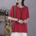 Han Suoyi Nghệ thuật cổ điển Tấm nhỏ Nút hàng đầu Mùa hè Thin Loose Cotton tay áo ngắn Áo thun nữ cổ tròn - Áo phông