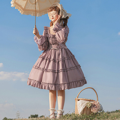 taobao agent Elegant long dress, Lolita style, square neckline, maxi length, long sleeve, with sleeve