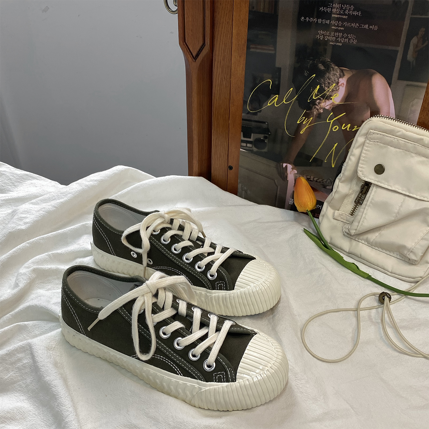 Olive GreenBiscuit shoes female 2021 new pattern canvas shoe female ulzzang Versatile shoes female ins tide Minority Low Gang Women's Shoes