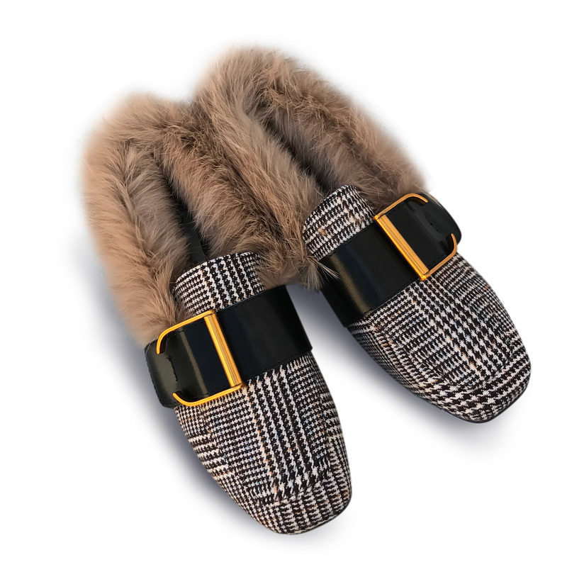 后跟带毛毛鞋女秋冬2017新款韩版百搭平底一脚蹬英伦风豆豆穆勒鞋