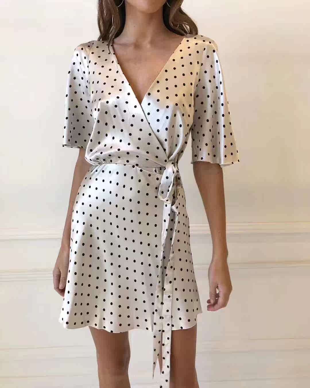 澳洲潮牌深v法式复古茶歇裙波点缎面系带连衣裙睡衣裙