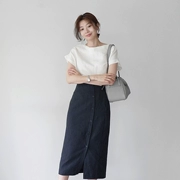 Ifu Hàn Quốc mua áo sơ mi nữ mùa hè mới nữ khí chất cổ tròn màu rắn tay ngắn bằng vải lanh nhẹ - Áo sơ mi