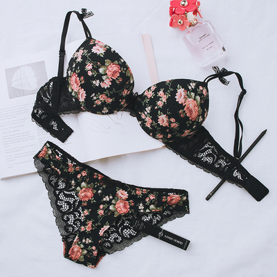 蜜桃盒子上薄下厚深V小胸少女文胸 调整型蕾丝黑色印花内衣内裤-淘宝网