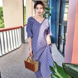 Синее цветное длинное платье, летняя юбка, элегантный ремень, с открытой спиной, свободный крой, французский стиль, V-образный вырез