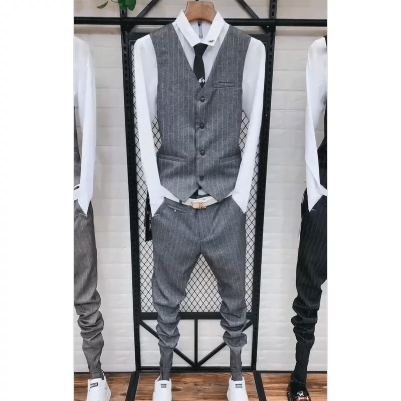 Bộ vest sọc nam phù hợp với phong cách Hàn Quốc xu hướng trẻ trung phù hợp với chàng trai phù hợp với tinh thần xã hội - Dệt kim Vest
