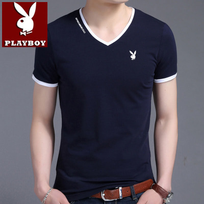 Playboy mùa hè T-Shirt nam v-cổ ngắn tay gà tim cổ áo bông Hàn Quốc phiên bản của màu rắn thanh niên từ bi Slim quần áo triều Áo phông ngắn