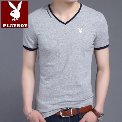 Playboy mùa hè T-Shirt nam v-cổ ngắn tay gà tim cổ áo bông Hàn Quốc phiên bản của màu rắn thanh niên từ bi Slim quần áo triều Áo phông ngắn